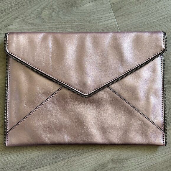Rebecca Minkoff Rose Gold Leather Leo Clutch Envelope Zipper Edge - Picture 2 of 11